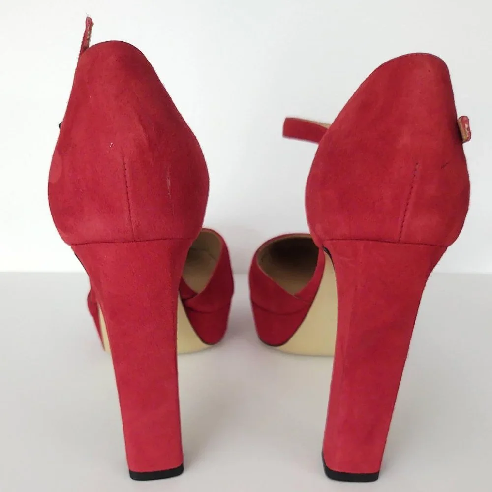 Crimson red suede ankle strap platform pump